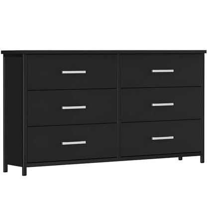 IKENO 6 Drawer Double Dresser, Industrial Wood Dresser for Bedroom, Storage Cabinet with Sturdy Steel Frame - WoodArtSupply