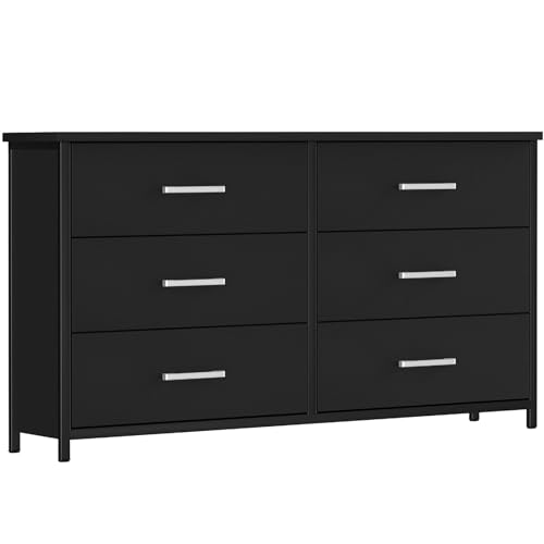 IKENO 6 Drawer Double Dresser, Industrial Wood Dresser for Bedroom, Storage Cabinet with Sturdy Steel Frame - WoodArtSupply