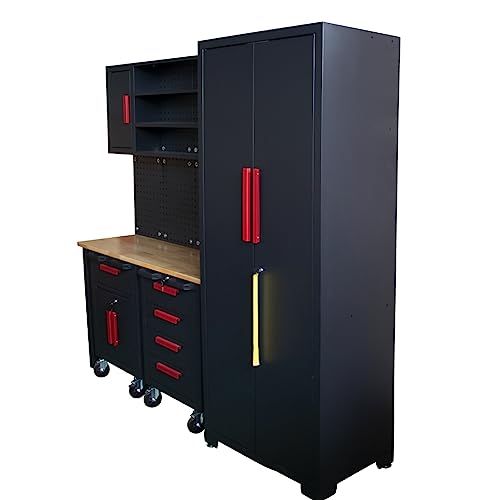 HPDMC 6-Piece Garage Shop Tool Storage Cabinet Set with Pegboard and Wooden Work Top 24 Gauge Steel Tool Chests & Garage Mounted Storage Systems - WoodArtSupply