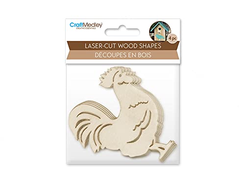 CraftMedley Wooden Roosters - Miniature Laser Cut Wood Shapes- Unfinished Natural Wood - 4 Pieces, Brown, (WS220J) - WoodArtSupply