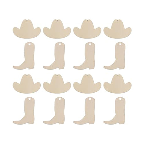 Creaides 30pcs Mini Cowboy Hat and Boot Wood DIY Crafts Cutouts Blank 2" Wooden Cowboy Hat and Boot Shaped Hanging Ornaments Gift Tags for Wedding Creaides