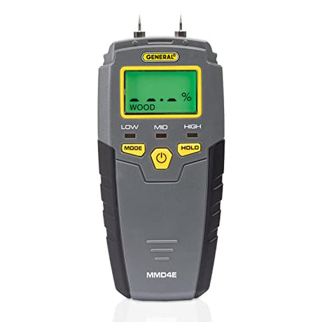 General Tools MMD4E Digital Moisture Meter, Water Leak Detector, Moisture Tester, Pin Type, Backlit LCD Display With Audible and Visual General Tools