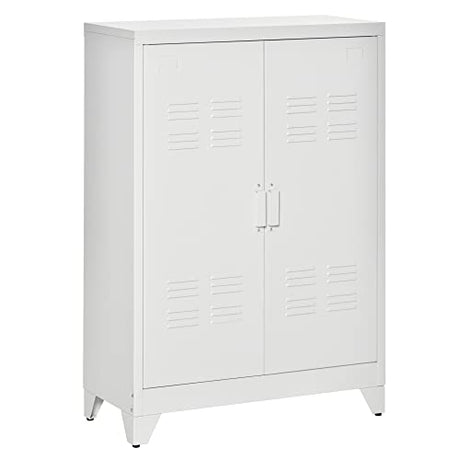 HOMCOM Industrial Storage Cabinet, Steel Garage Cabinet with Double Doors and Adjustable Shelves, White HOMCOM