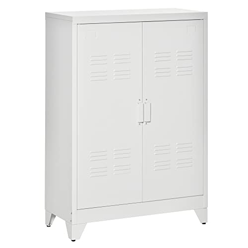 HOMCOM Industrial Storage Cabinet, Steel Garage Cabinet with Double Doors and Adjustable Shelves, White - WoodArtSupply