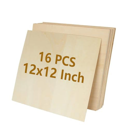 16 Pack 12 x 12 inch Basswood Sheets Thin Wood Panel 2 mm Unfinished Wood Boards Square Plywood Sheets for Painting, DIY Project, Mini House