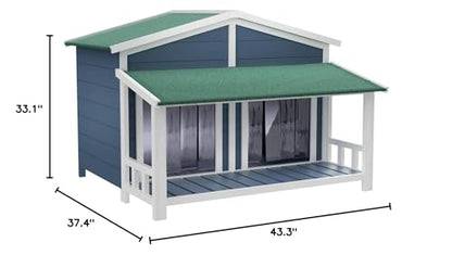 RITSU 47.2" Dog House, Waterproof Dog Kennel, Wooden Outdoor and Indoor Dog House, Log Cabin Style with Porch,Elevated Floor, 2 Doors, Pine Wood + - WoodArtSupply