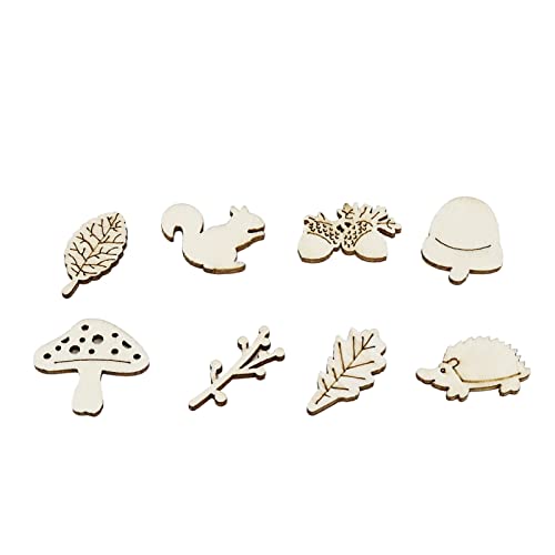 KUMGROT 100pcs Unfinished Wooden Ornament Mini Wood Pieces Mushroom Tree Squirrel Pine Cones Leaf Shaped for DIY Craft Handmade Supplies (Forest