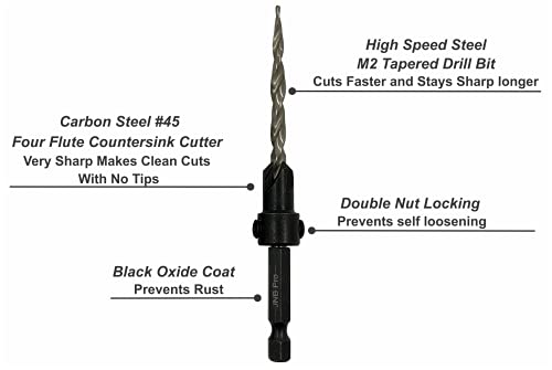 JNB Pro Wood Countersink Drill Bit Set JP0506, 5 Pc #6(9/64"), 2 Extra Bits 9/64 Tapered Drill Bit, 1 Adjustable Collar, 1 Wrench - 1/4" Quick Change - WoodArtSupply