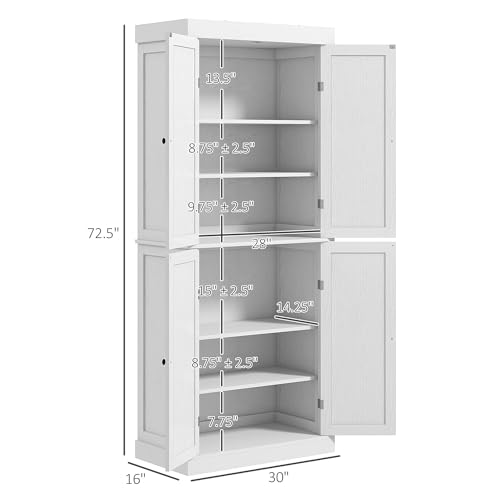HOMCOM 72.5" Kitchen Pantry Storage Cabinet, Freestanding Kitchen Cabinet with 4 Doors and Adjustable Shelves for Dining Room, White Wood Grain