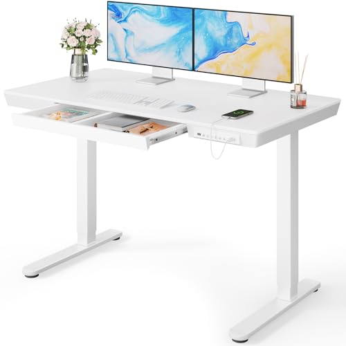 Marsail Standing Desk with Drawer, 48 x 24 inch Whole Piece Tabletop Electric Standing Desk, Height Adjustable Desk with USB Charging Ports, Sit - WoodArtSupply