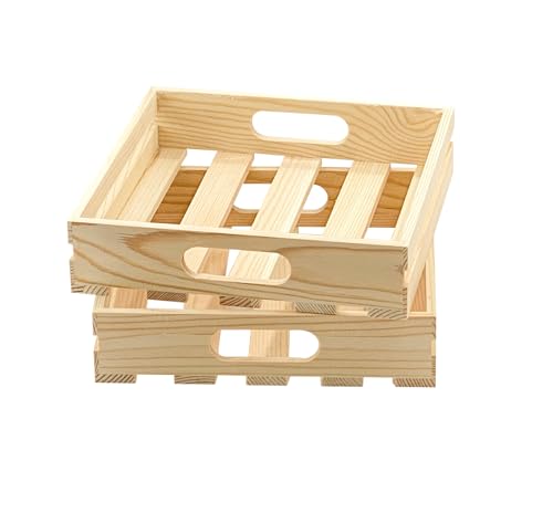 2 Pack Wooden Crafts Pallet Crates with Handle, Blank Wood Trays Square Storage for DIY Crafting Decorations (Outer 8.7 x 8.7 x 2 in, Interior 8 x 8