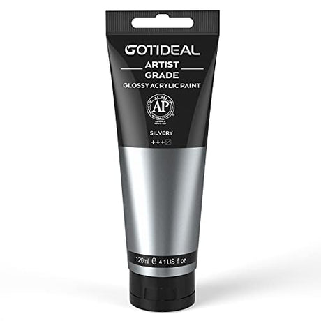 GOTIDEAL Metallic Acrylic Paint Silver Tubes(120ml, 4.1 oz) Non Toxic Non Fading,Rich Pigments for Painters, Adults & Kids, Ideal for Canvas Wood GOTIDEAL
