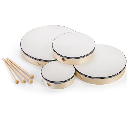 Foraineam 4 Pack Hand Drum 12 Inch 10 Inch 8 Inch 6 Inch Wood Drum Set Musical Educational Percussion Instrument Wooden Frame Drum with Drum Sticks Foraineam