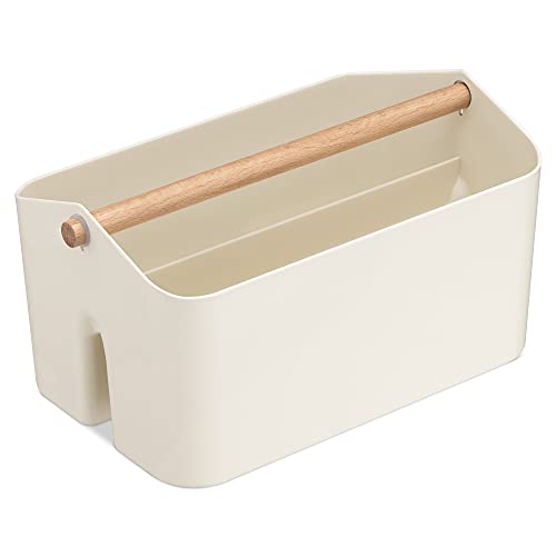 Navaris Organizer Caddy with Wood Handle - Storage Holder with 2 Compartments for Makeup Nursery Desk Bathroom 10.4" x 6.5" x 5.9" - Cream