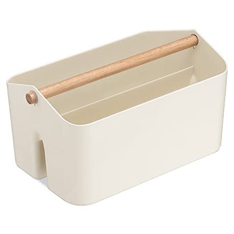 Navaris Organizer Caddy with Wood Handle - Storage Holder with 2 Compartments for Makeup Nursery Desk Bathroom 10.4" x 6.5" x 5.9" - Cream Navaris