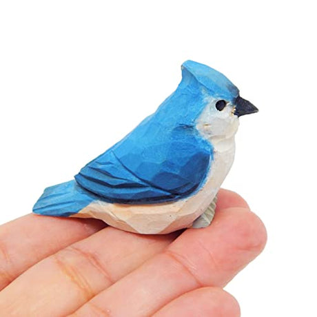 Selsela Tufted Titmouse Bird Wood Figurine Statue Blue Jay Sculpture Ornament Decor Miniature Art Carve Small Animal Selsela