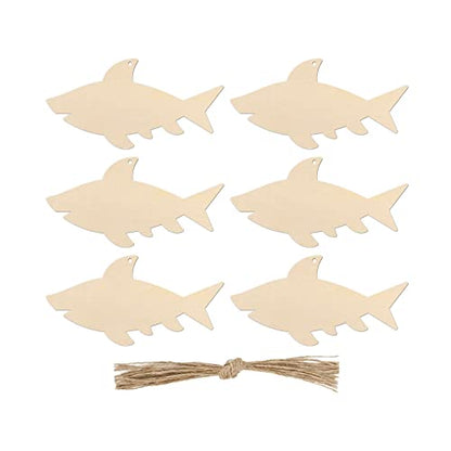 20pcs Shark Shape Unfinished Wood Cutouts DIY Crafts Blank Sea Animals Wooden Gift Tags Ornaments for Summer Ocean Sea Theme Party Decoration