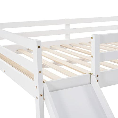 Lostcat Elegant Full Size Low Loft Bed with Slide and Ladder for Kids - WoodArtSupply