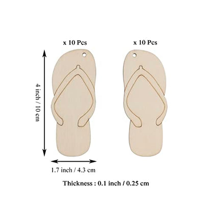 20pcs Flip Flop Shape Unfinished Wood Cutouts DIY Crafts 10 Pairs Blank Slippers Wooden Ornaments for Summer Beach Hawaii Luau Party Decoration