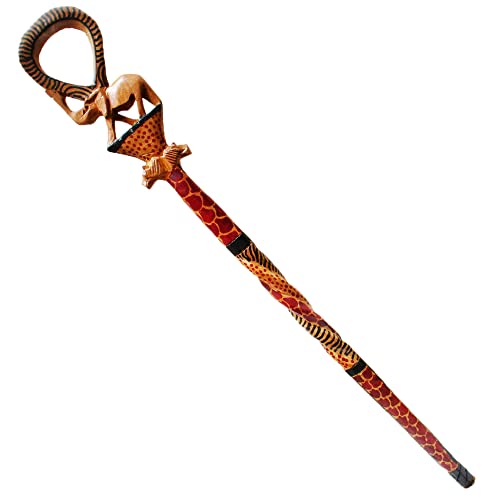 African Wood Decorative Walking Stick (Hand Made in Kenya) (Elephant/Lion Natural) Stoneage Arts Global