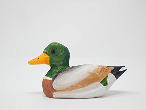 Selsela Small Mallard Wooden Duck Figurine - Drake/Male, Green Head, Hand-Made, Carving, Decoration, Decoy, Small Animals, Duck Lover Selsela