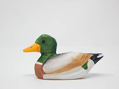 Selsela Small Mallard Wooden Duck Figurine - Drake/Male, Green Head, Hand-Made, Carving, Decoration, Decoy, Small Animals, Duck Lover - WoodArtSupply