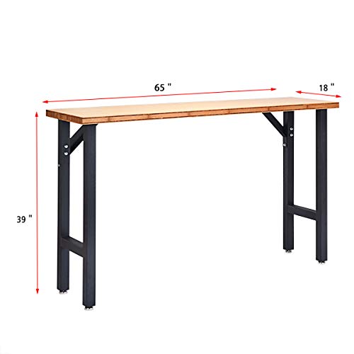 Goplus 65" Bamboo Top Work Bench, Heavy-Duty Steel Garage Workbench Triangle Reinforcement Work Table Hardwood Workstation, Easy Assembly
