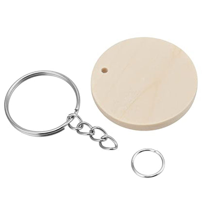 SEHOI 100 PCS 1.38 Inches Natural Wood Slices, Wooden Keychain Set, Predrilled Wood Keychain Blank Unfinished Discs with Key Rings, Twine, Round