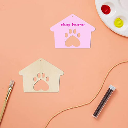Dog Paw House Wooden Cat Paw Wood Unfinished The House Shape Wooden Tag Hanging Wood Cutout Blank Wood Slices Wooden Gift Tags with Twine for