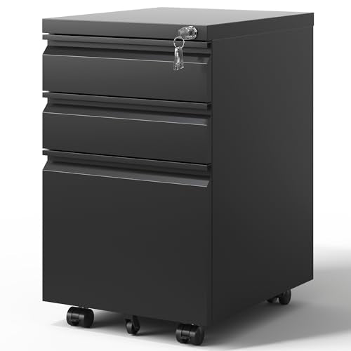 EKJ 3 Drawer Mobile File Cabinet, Black Metal Under Desk Filing Cabinets with Wheels, Locking Slim Vertical File Cabinet for Home Office, Fully - WoodArtSupply