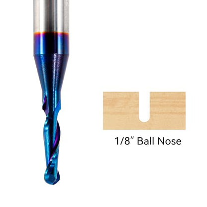 2 PCS CNC Router Bits 1/4inch Shank 1/8inch Cutting Dia Carbide Ball Nose End Mill with Nano Blue Coating for Side Milling End Milling, Finish