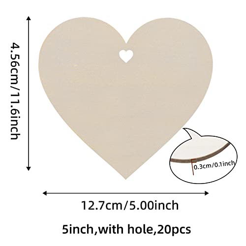 20Pcs 5" Wooden Hearts for Crafts, Wood Predrilled Hearts Cutout Slices, DIY Unfinished Wooden Ornaments Embellishments, Heart Sign TGA for
