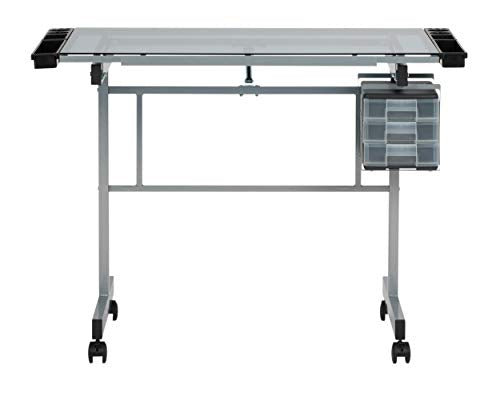 Studio Designs Vision Craft and Drawing Station - 35.5" W by 23.75" D Silver-Blue Glass Top Drafting Table with Pencil Drawers, Side Trays, & SD Studio Designs