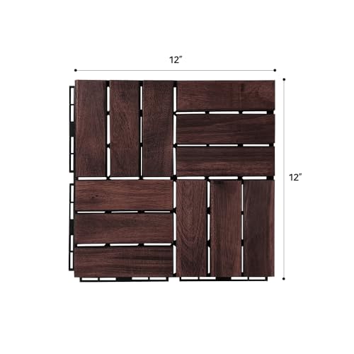 Acacia Hardwood Interlocking Deck Tiles - Walnut Grid - 12"×12" 9pcs - Floor Tiles for Patio and Deck Use Natural Wood Outdoor Decking and Flooring,