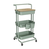 DTK 3 Tier Rolling Utility Cart with Cover Board, Lockable Wheels, and Storage Baskets in Green DTK