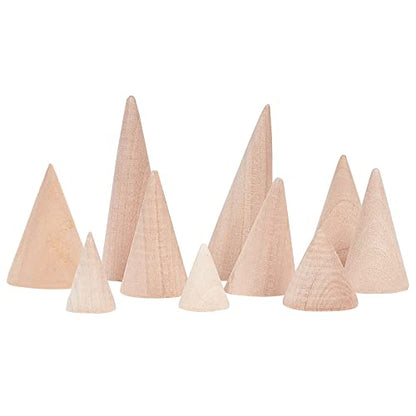 FINGERINSPIRE 10 Pcs Natural Wood Cone Ring Holders Wooden Ring Display Stands with 10 Different Size Unpainted Wooden Cones Jewelry Display DIY