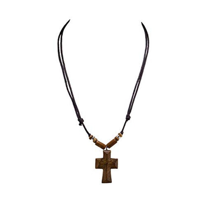 BlueRica Hand Carved Wood Cross on Adjustable Black Cord Necklace - WoodArtSupply