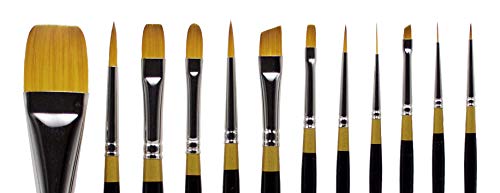 KINGART Premium Original Gold Series Handcrafted Golden Taklon Multimedia Artist Brushes, Gift Box, Set of 12, Black Glosss Handle, for Oil, Acrylic, KINGART