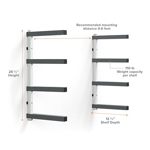 BORA Wood Organizer and Lumber Storage Metal Rack with 4-level Wall Mount - Indoor and Outdoor Use, White & Gray - PBR-0420 Bora