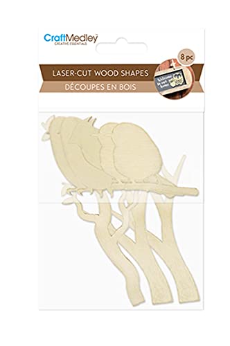 CraftMedley Miniature Laser Cut Wood Shapes - Birds and Branches - 8 Pieces, Brown, Small - WoodArtSupply