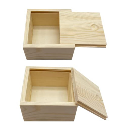 LONG TAO 4 Pcs 3.5''x3.5''x1.9'' Unfinished Wood Box Square Wooden Treasure Boxes Wooden Storage Box Natural DIY Craft Stash Boxes with Slide Top for