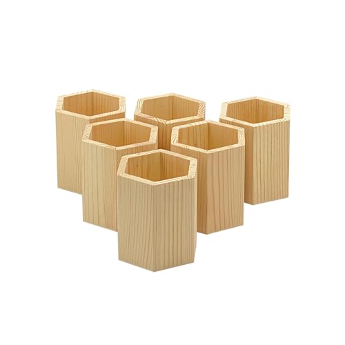 Cregugua 6 Pieces 4 Inch Wooden Pen Holder Hexagon shaped Unfinished Wood Pencil Holder for DIY Crafts Projects (3x3x4 Inches) Cregugua