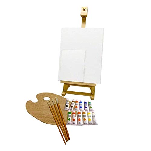 KINGART Artist Acrylic Painting Set with Wooden H-Frame Studio Easel, 12 Vivid Acrylic Paint Colors, 6 Canvas Panels, 4 Brushes, Wood Palette KINGART