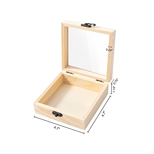 Useekoo 2Pcs Small Wood Box with Lid, 4.7'' x 4.7'' x 2'' Unfinished Wood Gift Box with Glass Lid, Tiny Wooden Box for Gift and Home Decorations Useekoo