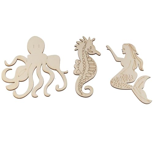 Uniquer 30Pcs Ocean Animal Unfinished Wood DIY Crafts,Sea Animal Unpainted Wood Slices,Octopus Whale Dolphin Seahorse Fish Wooden Painting for Uniquer