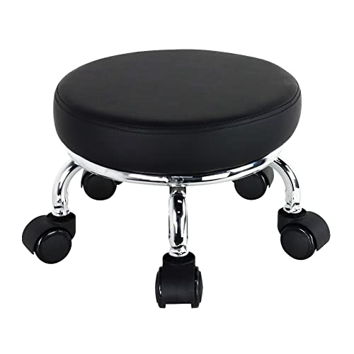 WKWKER Modern Roller Seat PU Leather Low Round Rolling Stool 360° Swivel Small Stool with Universal Caster Wheels Foot Stool for Home Office Garage - WoodArtSupply