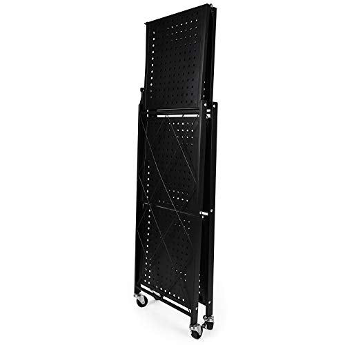 YSSOA 3-Tier Foldable Metal Shelves Heavy Duty Storage Shelving Unit with Wheels, Organizer Shelves for Garage Kitchen, Black YSSOA