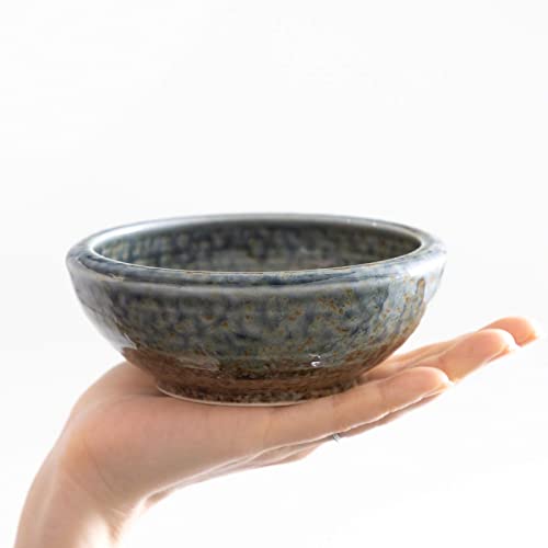 Wazakura Minoyaki Series Japanese Ikebana Essential Tool Kit with Small Round Ceramic Flower Vase and Kenzan Pin Frog for Floral Arranging - Brown & Wazakura