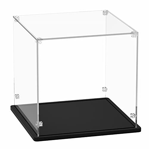 Gemutlich Acrylic Display Case 10 Inch Cube - 3mm Thick Acrylic Display Box with Black Wooden Base, Assemble Dustproof Showcase Clear Display Case Gemutlich