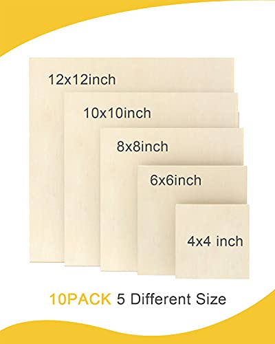 Pllieay 10Pack 5 Sizes Square Wood Panels, Unfinished Wooden Painting Panel Boards for Pouring Art, Crafts, Painting and Decor, 4’’, 6’’, 8’’, 10’’,